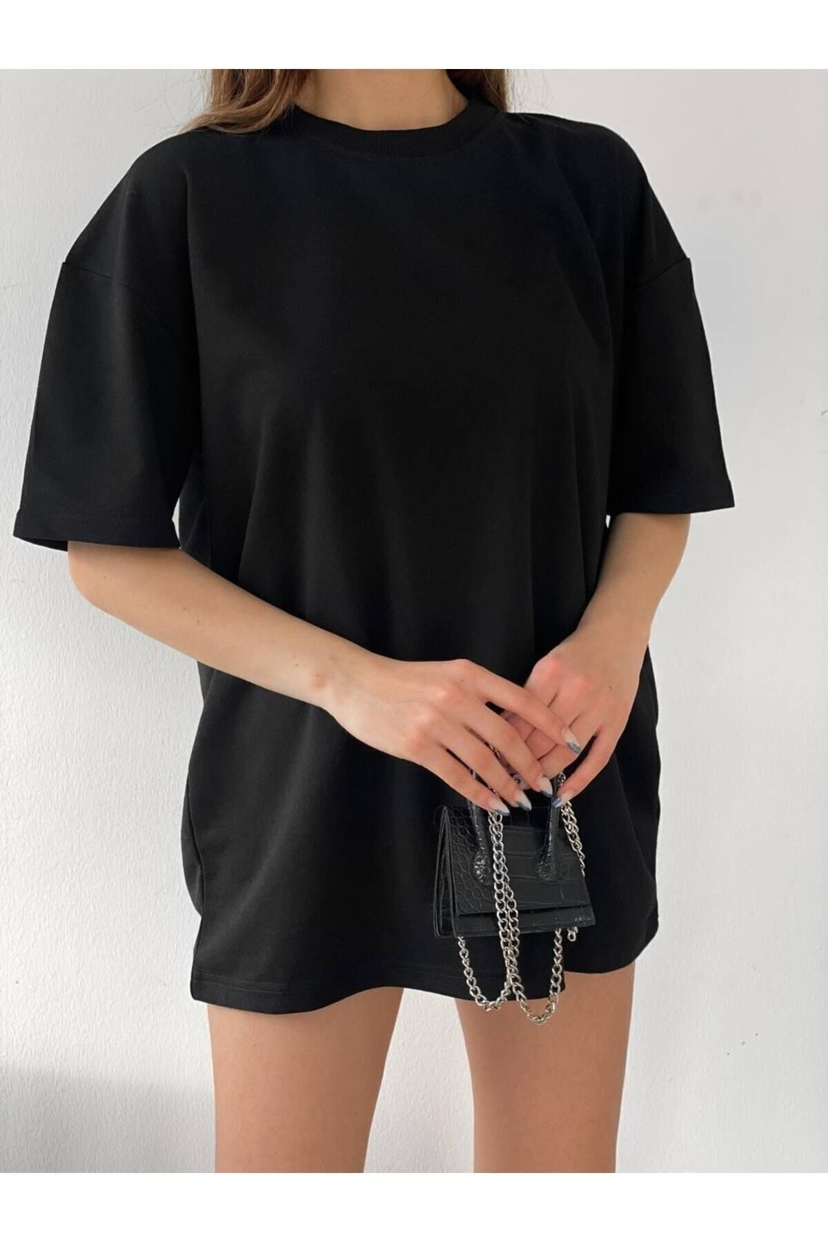 Jakarli Siyah Unisex Pamuk Bisiklet Yaka Boyfriend Örme Oversize T-Shirt
