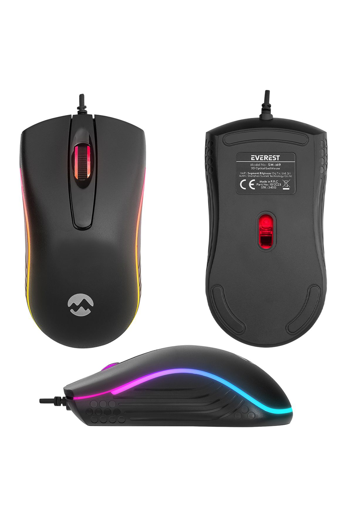 Robotrend Sm-M9 1000 Dpi Usb Rgb Rainbow Ledli Siyah 3D Optik Led Mouse