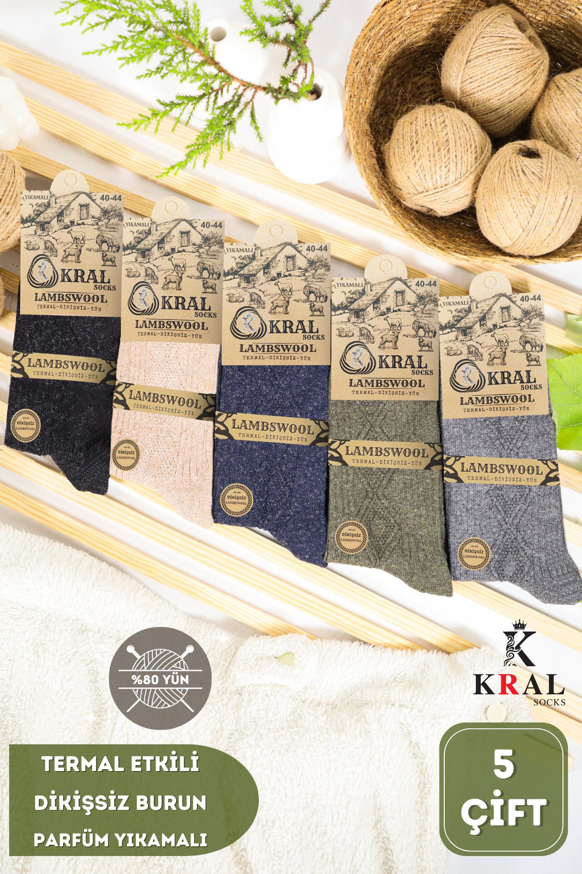 Kral Socks Std Lambswool 5’Li Renkli Paket Dikişsiz Yün Erkek Çorap Klasik