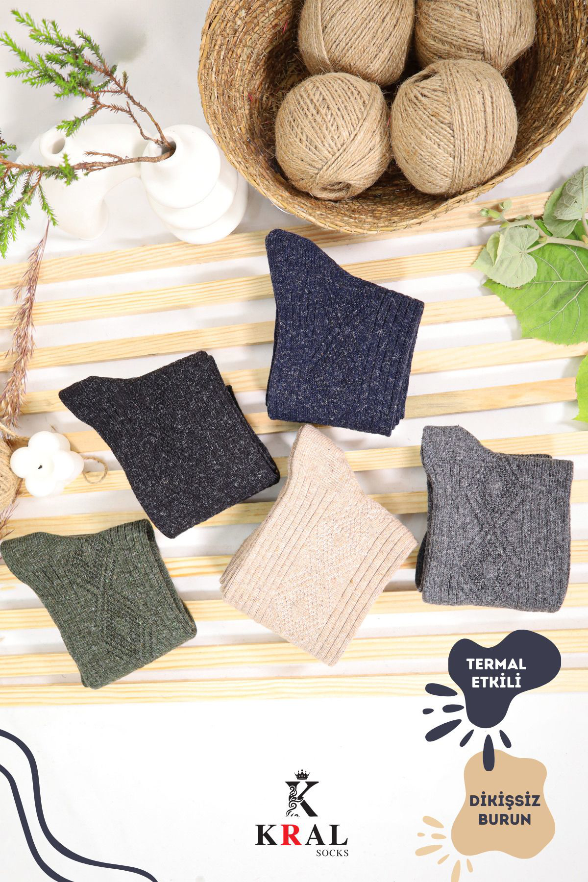 Kral Socks Std Lambswool 5’Li Renkli Paket Dikişsiz Yün Erkek Çorap Klasik