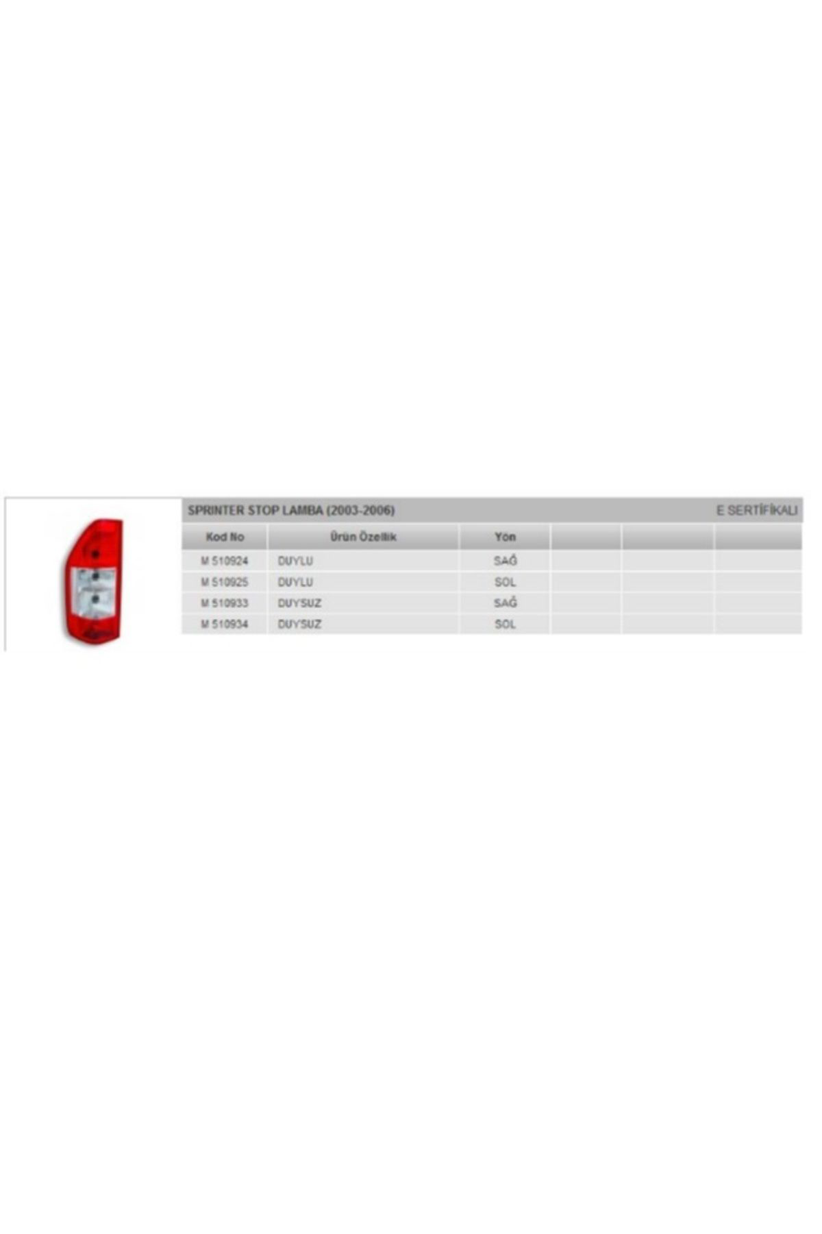 Mars Stop Lambasi Sag Duysuz (Mercedes: Benz: Sprinter 02>05)