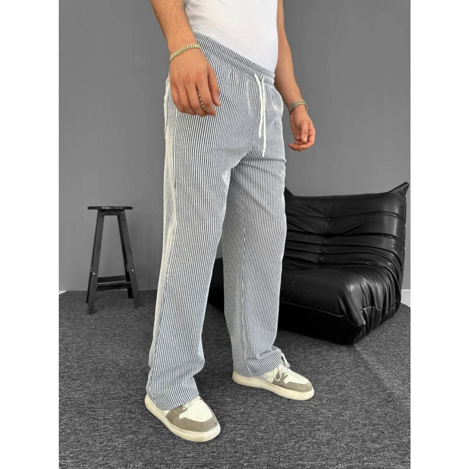 Su Yolu Çizgili Cepli Pantalon - Gri