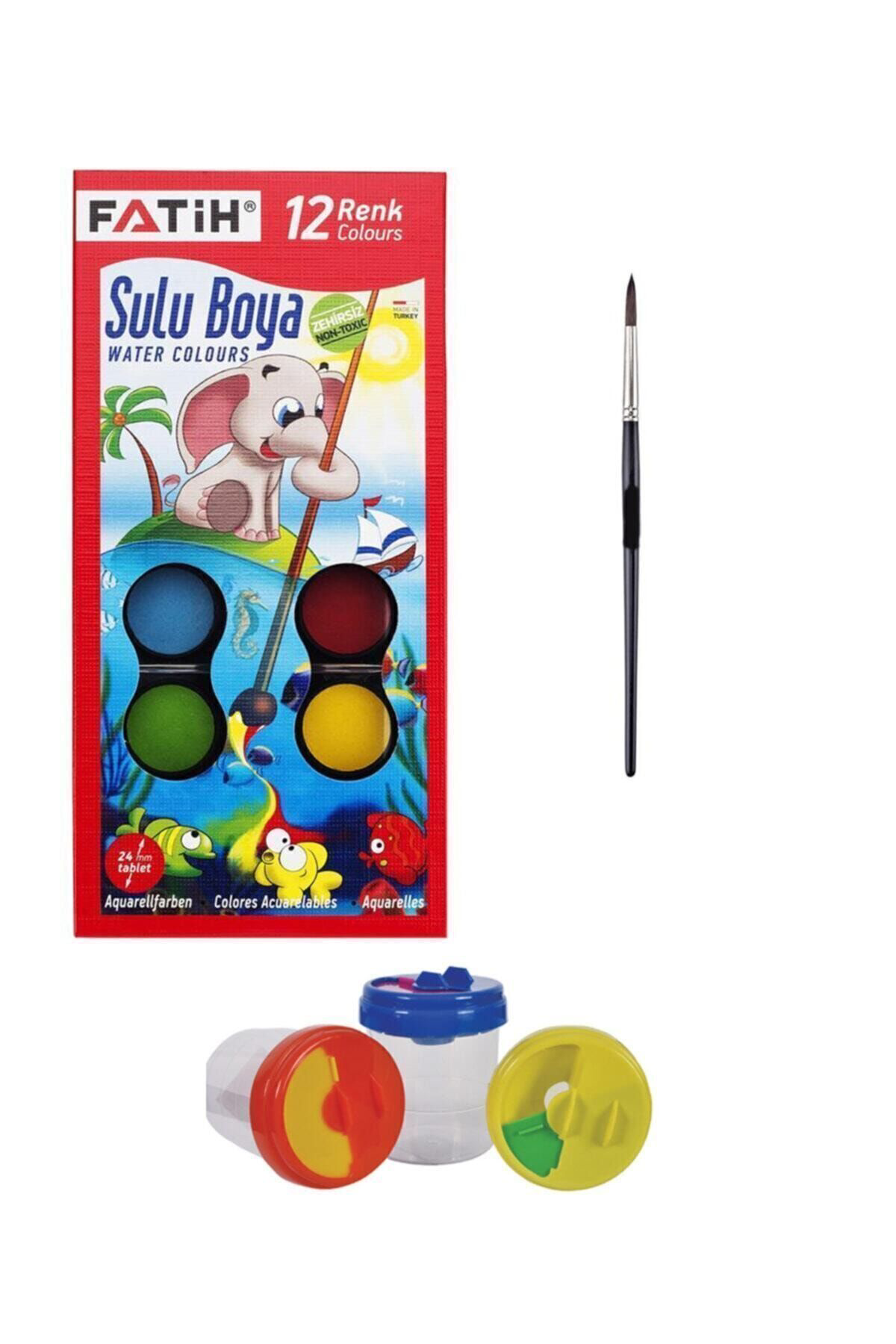 Fatih Sulu Boya 3'Lü Set - 12'Li Sulu Boya - Firça - Su Kabi S.K