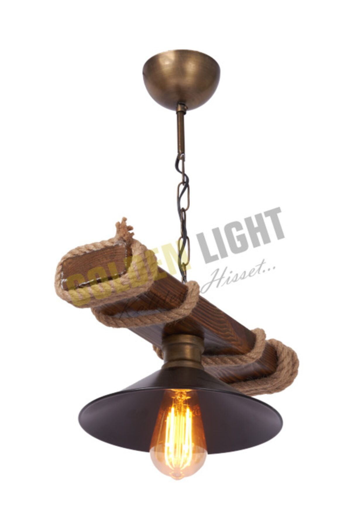 Golden Light Tekli Ahşap Rustik Şapkali Avize