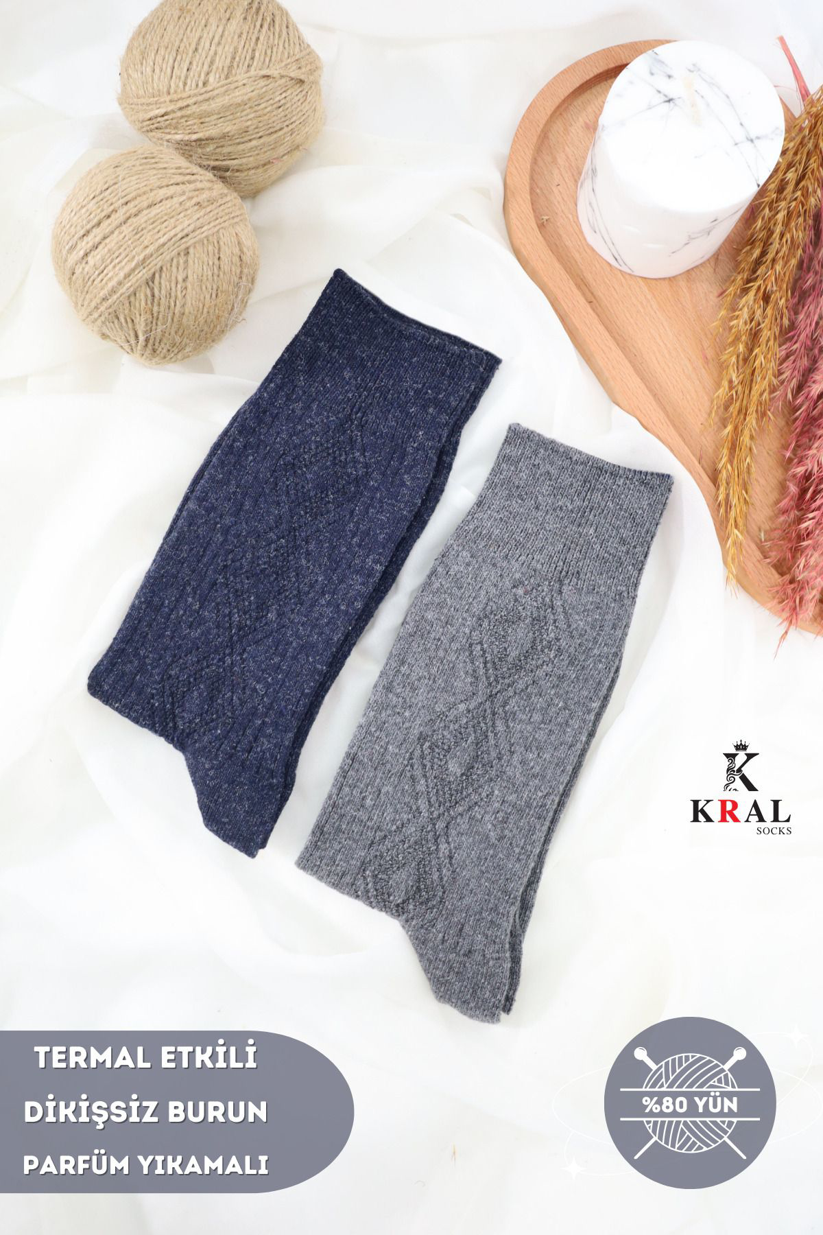Kral Socks Termal Etkili Lambswool Yünlü (2 Çift) Dikişsiz Kalin Kişlik Yün 
