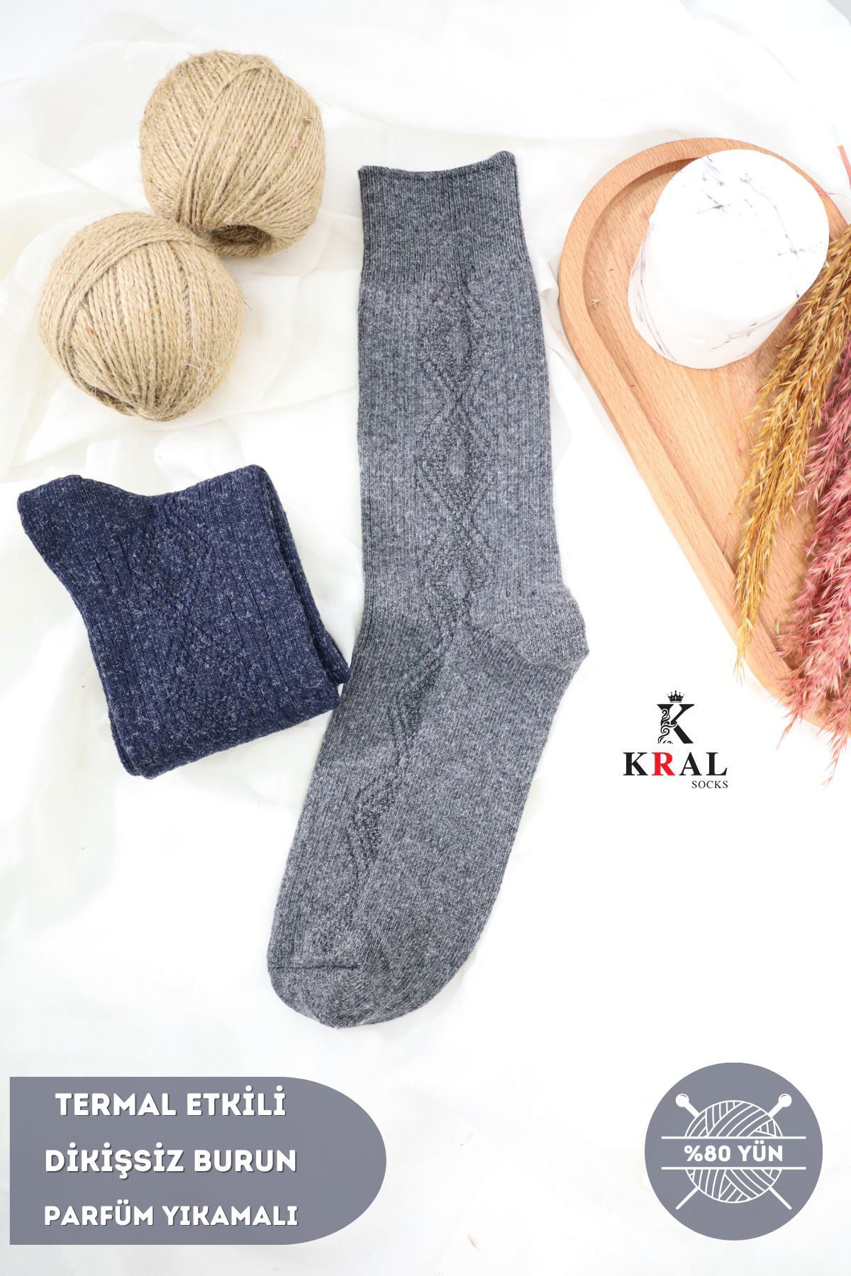 Kral Socks Termal Etkili Lambswool Yünlü (2 Çift) Dikişsiz Kalin Kişlik Yün 