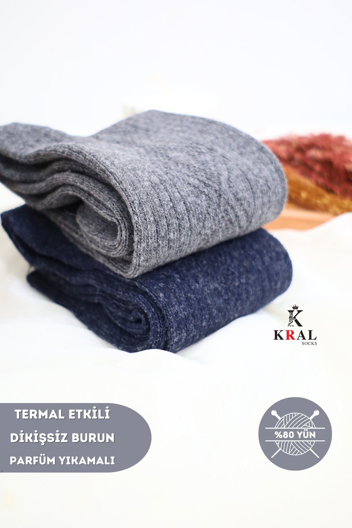 Kral Socks Termal Etkili Lambswool Yünlü (2 Çift) Dikişsiz Kalin Kişlik Yün 