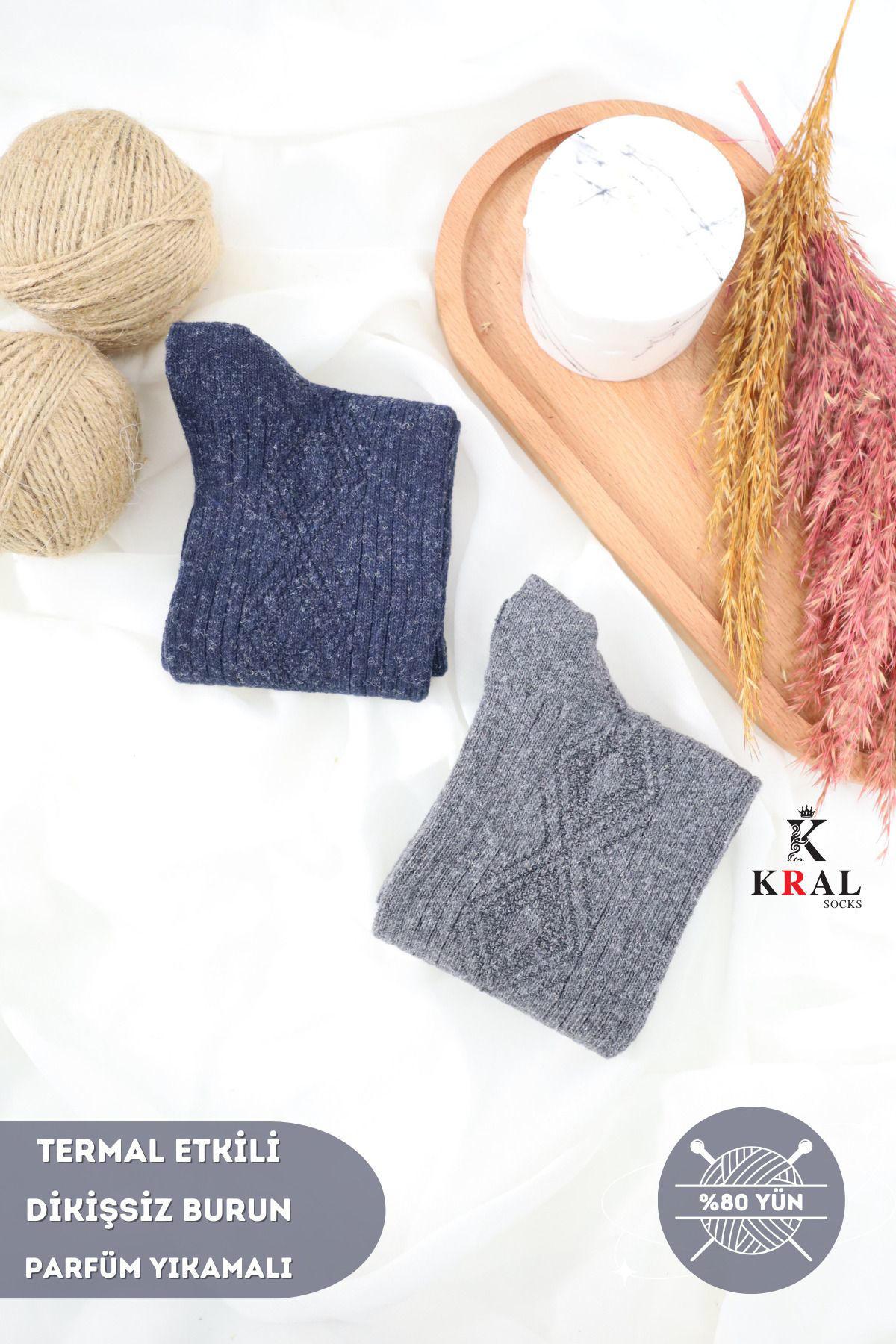 Kral Socks Termal Etkili Lambswool Yünlü (2 Çift) Dikişsiz Kalin Kişlik Yün 