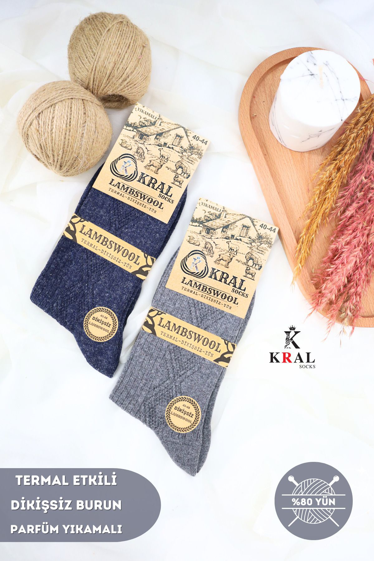 Kral Socks Termal Etkili Lambswool Yünlü (2 Çift) Dikişsiz Kalin Kişlik Yün 