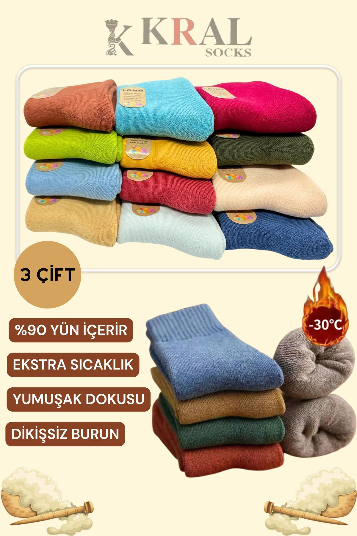 Kral Socks Termal Özellikli 2X Korumali (3 Çift) Kadin Soft Renkli Kişlik Yü