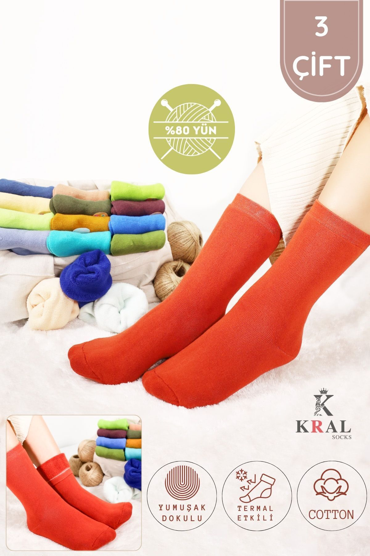 Kral Socks Termal Özellikli 2X Korumali (3 Çift) Kadin Soft Renkli Kişlik Yü