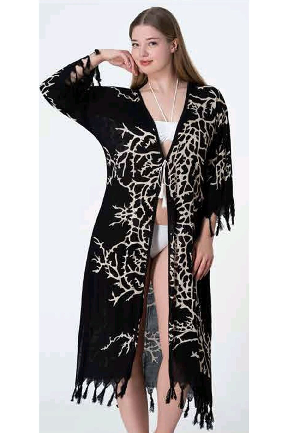 Sunsurf Tokat Taş Baski Kaftan Pareo Siyah