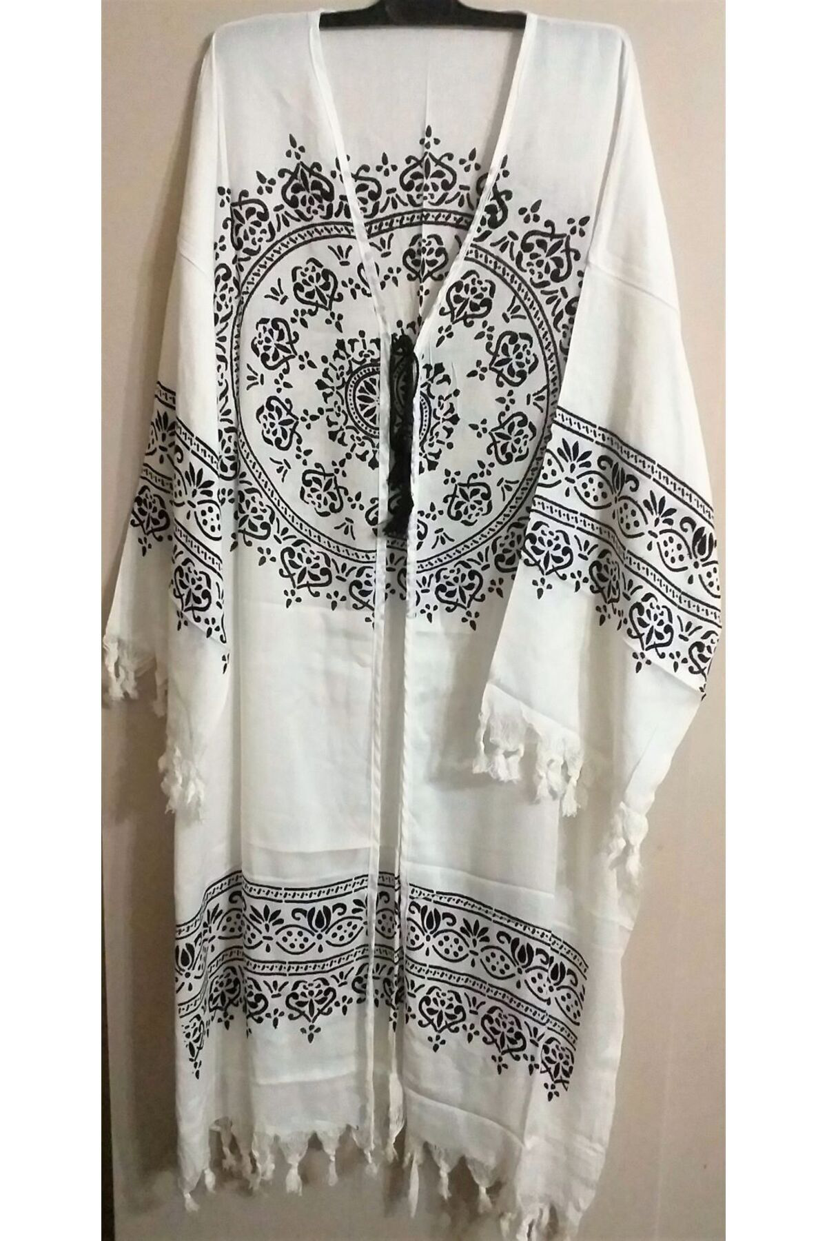 Sunsurf Tokat Taş Baski Kaftan Pareo Beyaz