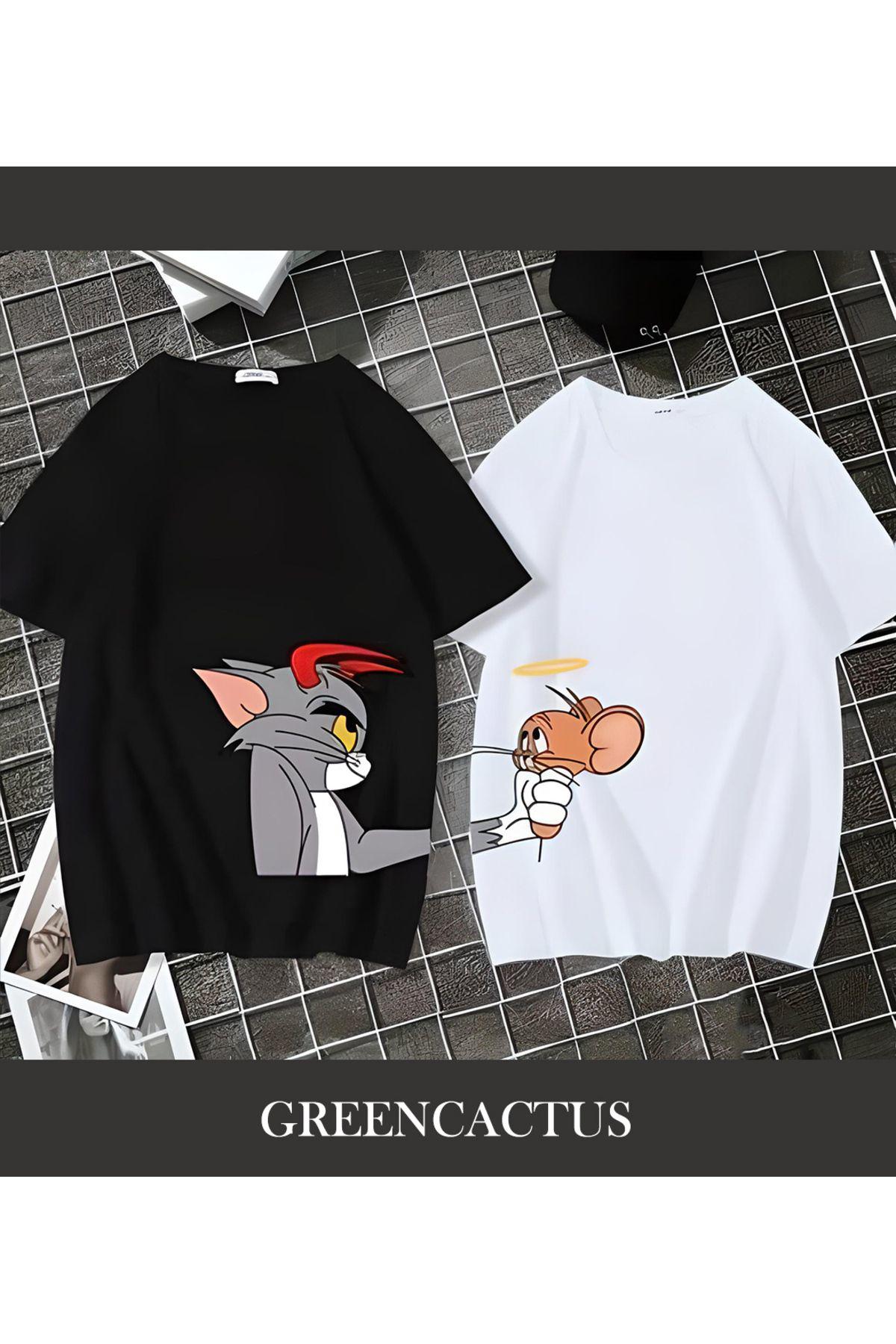Greencactus Tom Jerry Baskili Sevgili Çift Kombini Siyah Beyaz Unisex Tshirt