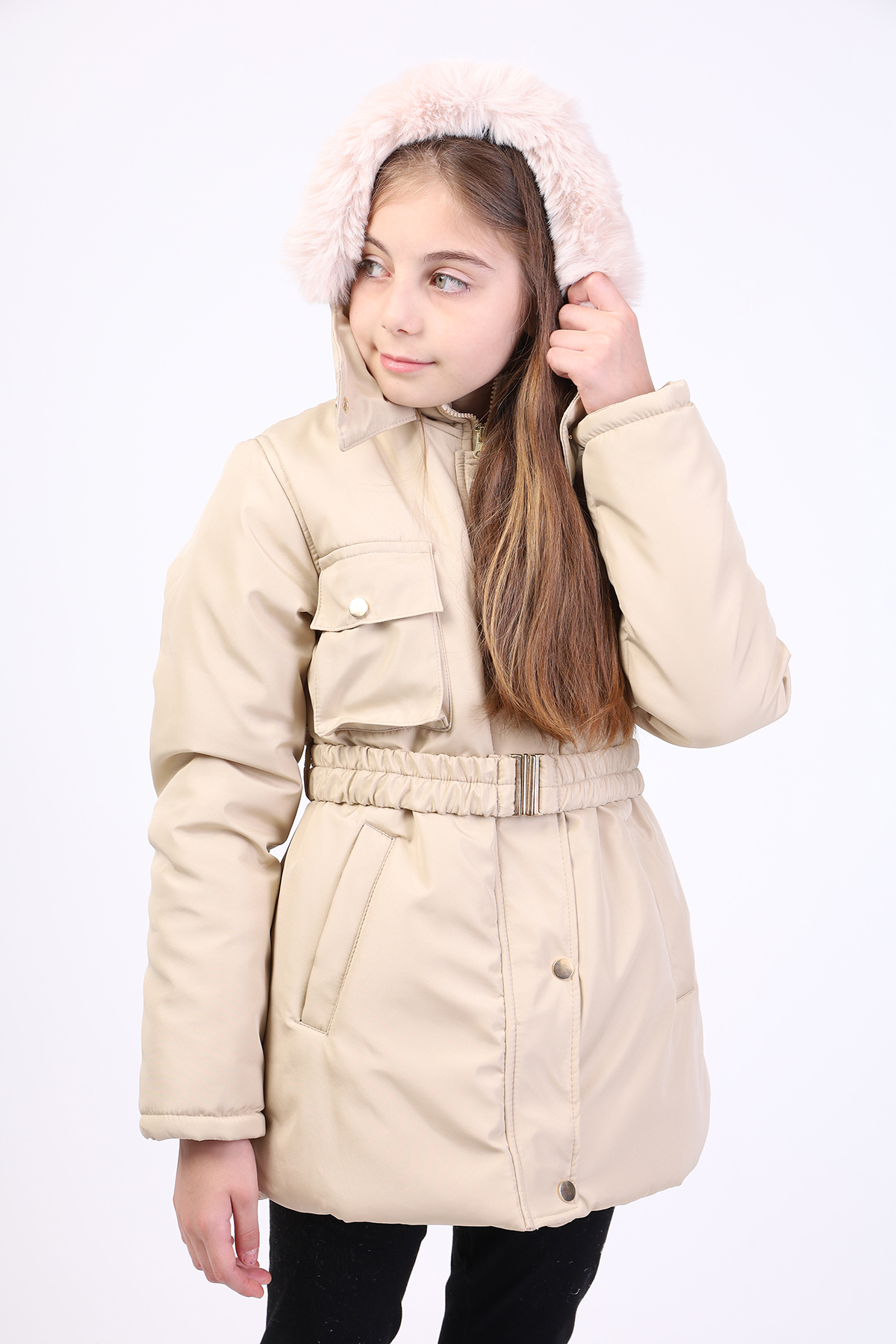 Toontoy  Kiz Çocuk Kapüşonlu İçi Kürklü Mont
