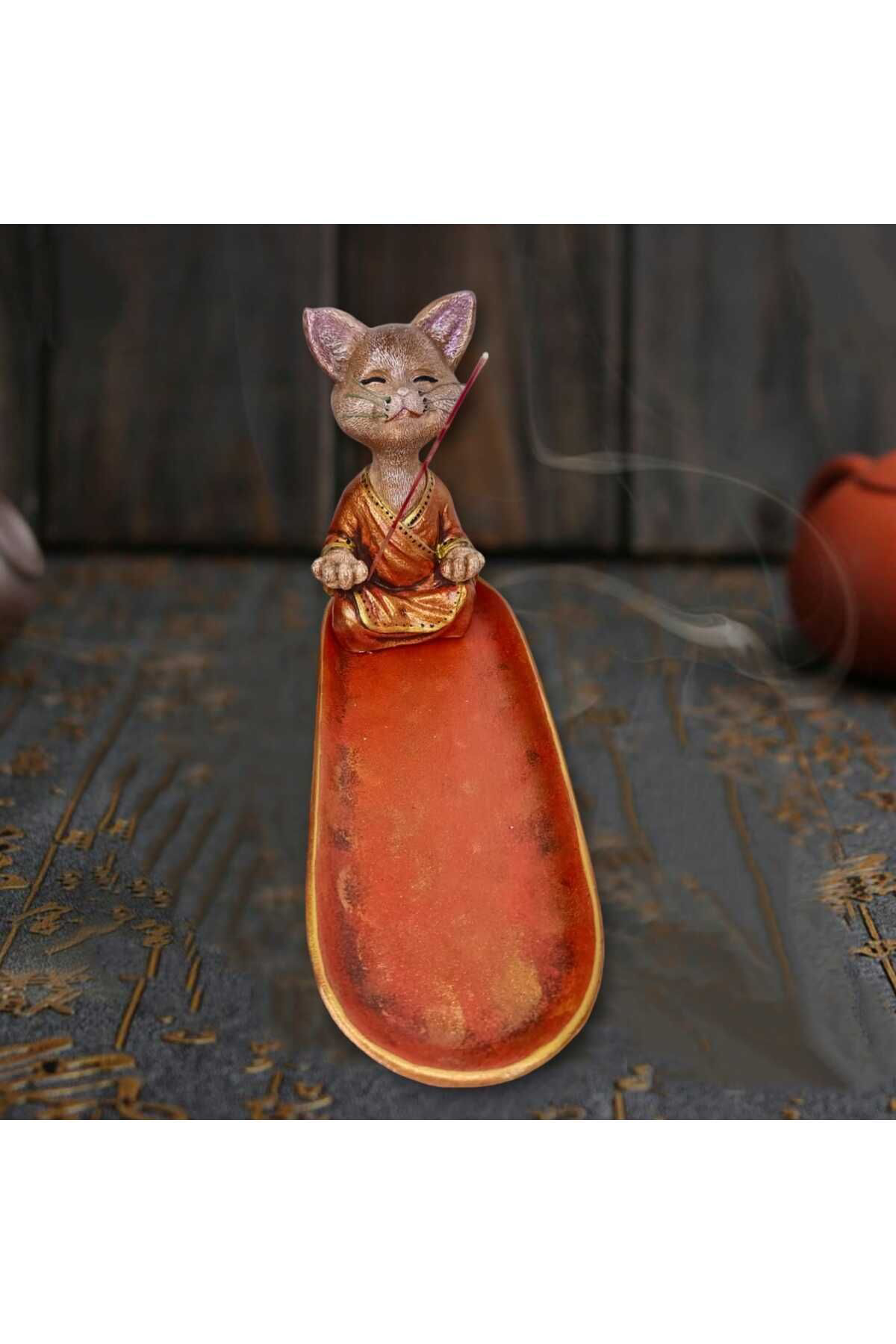 Dodemert Home Turuncu Yogaci Kedi Dekoratif Beton Biblo & Tütsülük