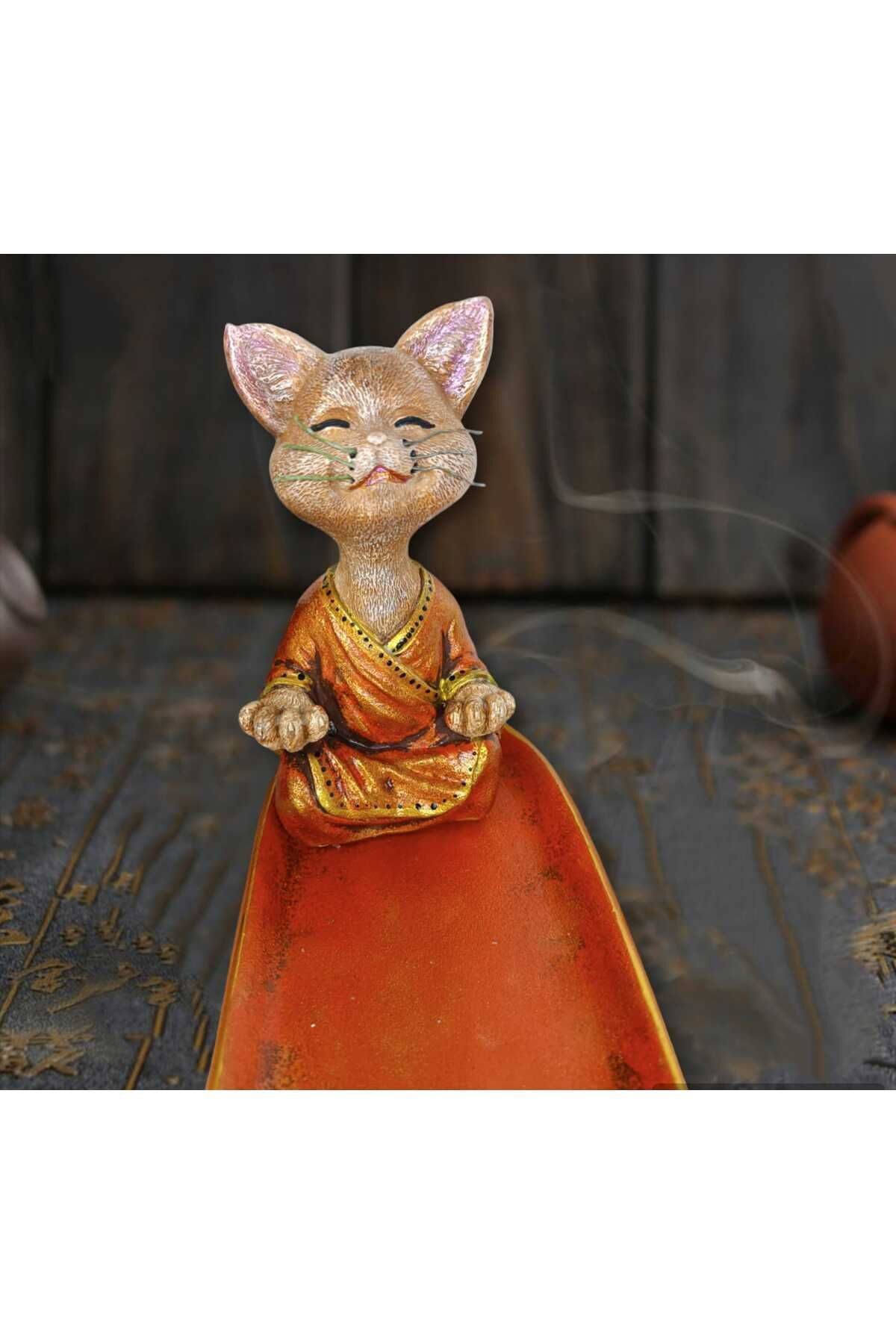 Dodemert Home Turuncu Yogaci Kedi Dekoratif Beton Biblo & Tütsülük