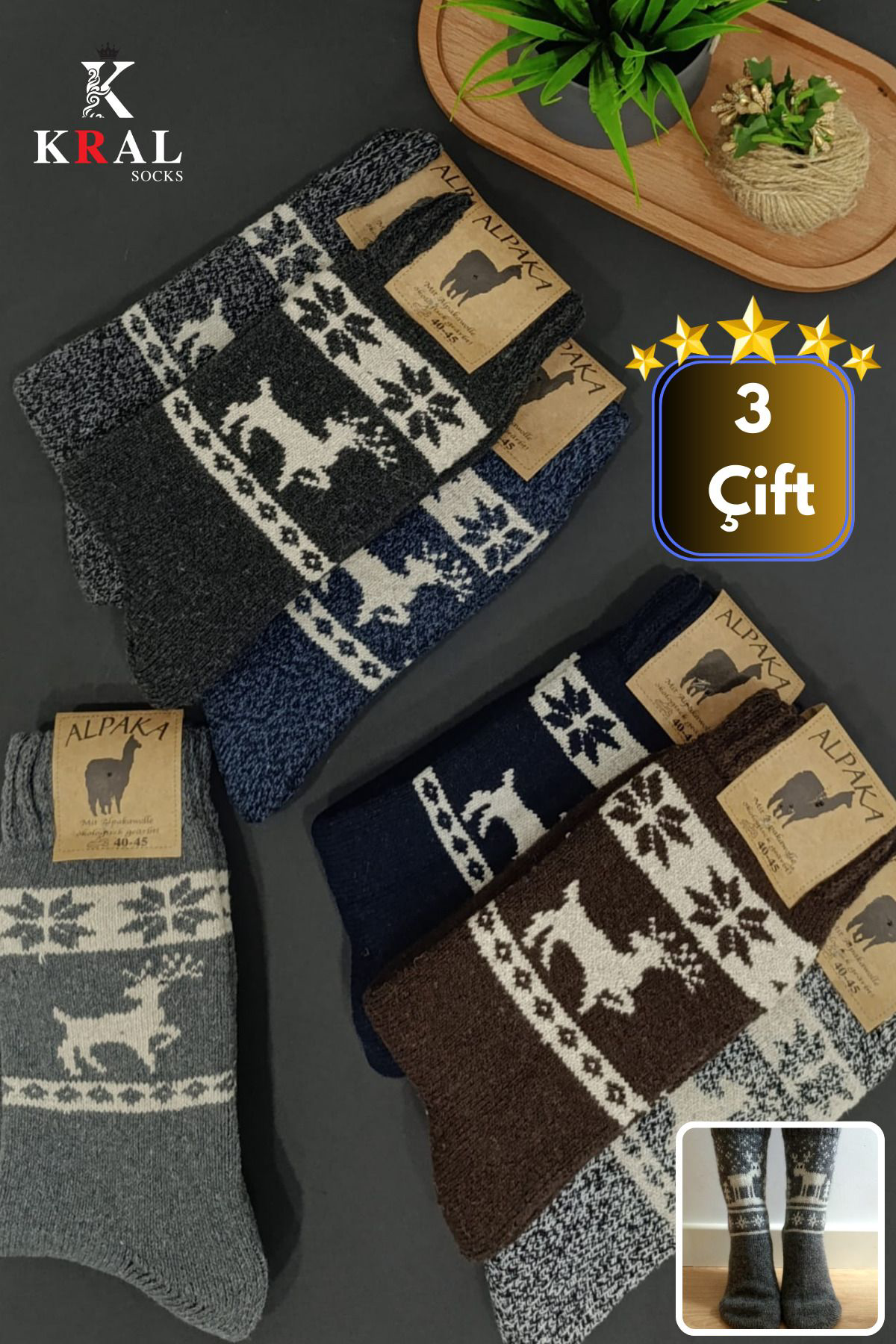 Kral Socks Unisex 3'Lü Alpaka Yünlü Çorap Termal Kalin Yumuşak Kişlik Bot Ço