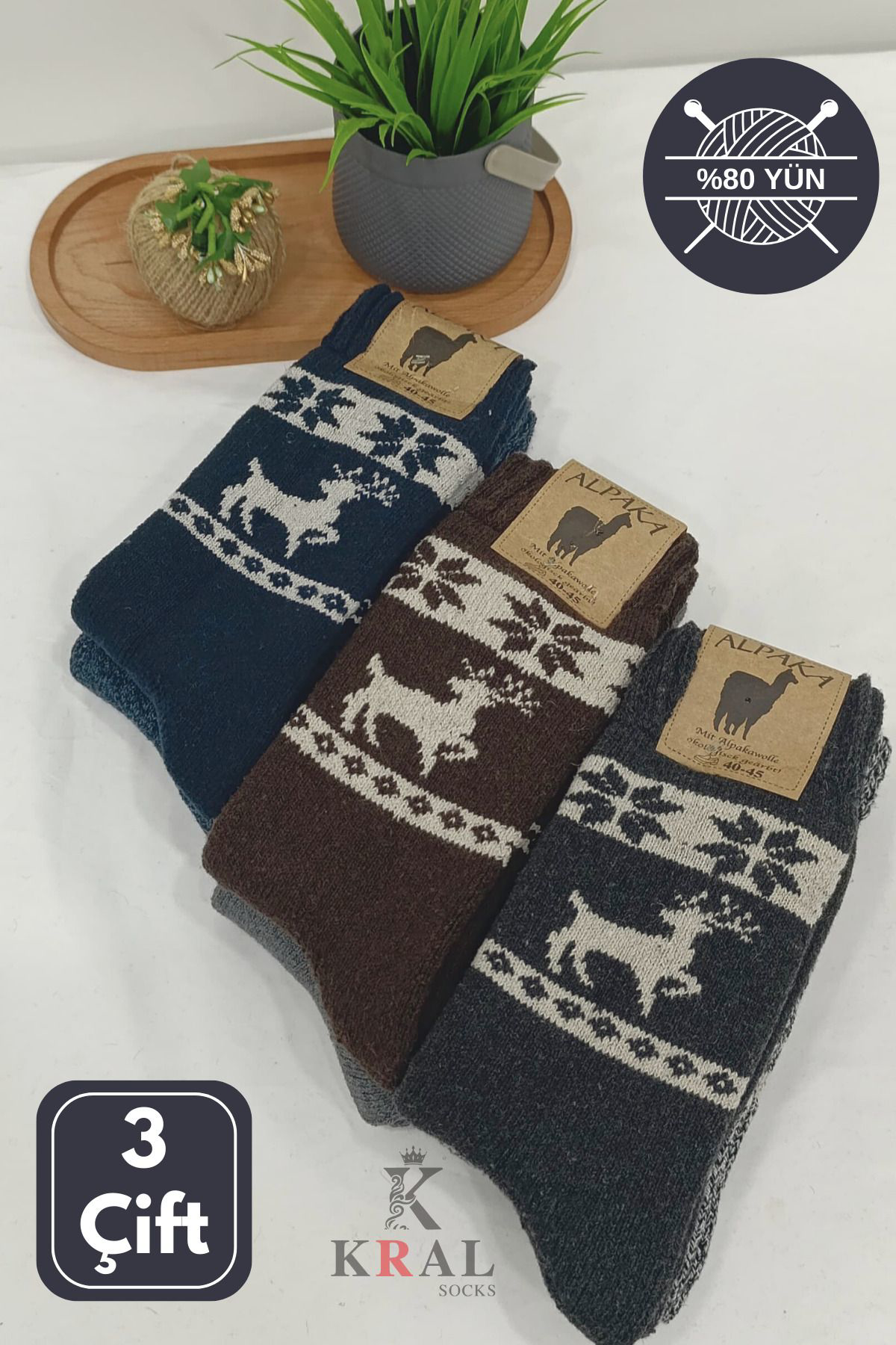 Kral Socks Unisex 3'Lü Alpaka Yünlü Çorap Termal Kalin Yumuşak Kişlik Bot Ço