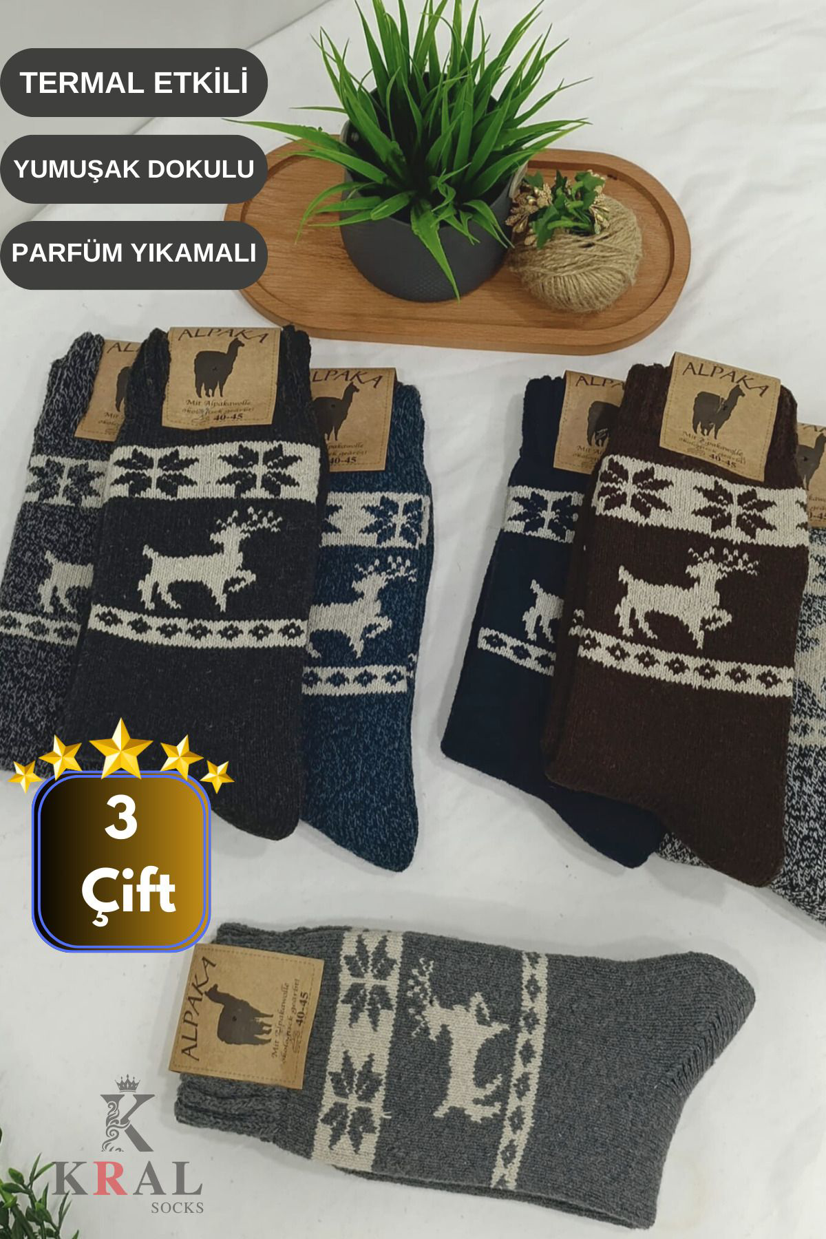 Kral Socks Unisex 3'Lü Alpaka Yünlü Çorap Termal Kalin Yumuşak Kişlik Bot Ço
