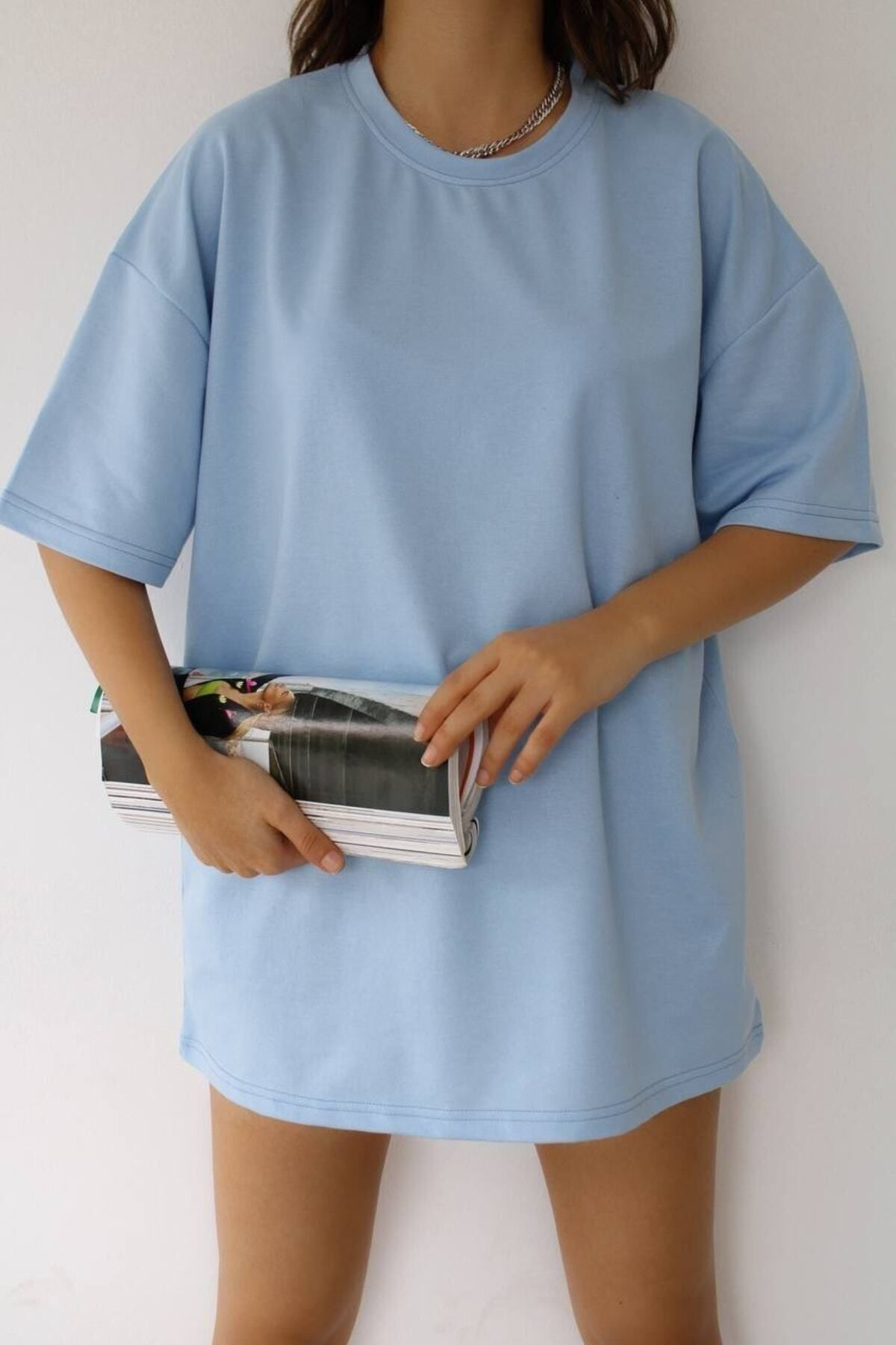 Jakarli Unisex Bebe Mavi Bisiklet Yaka Pamuk Oversize Boyfriend T-Shirt