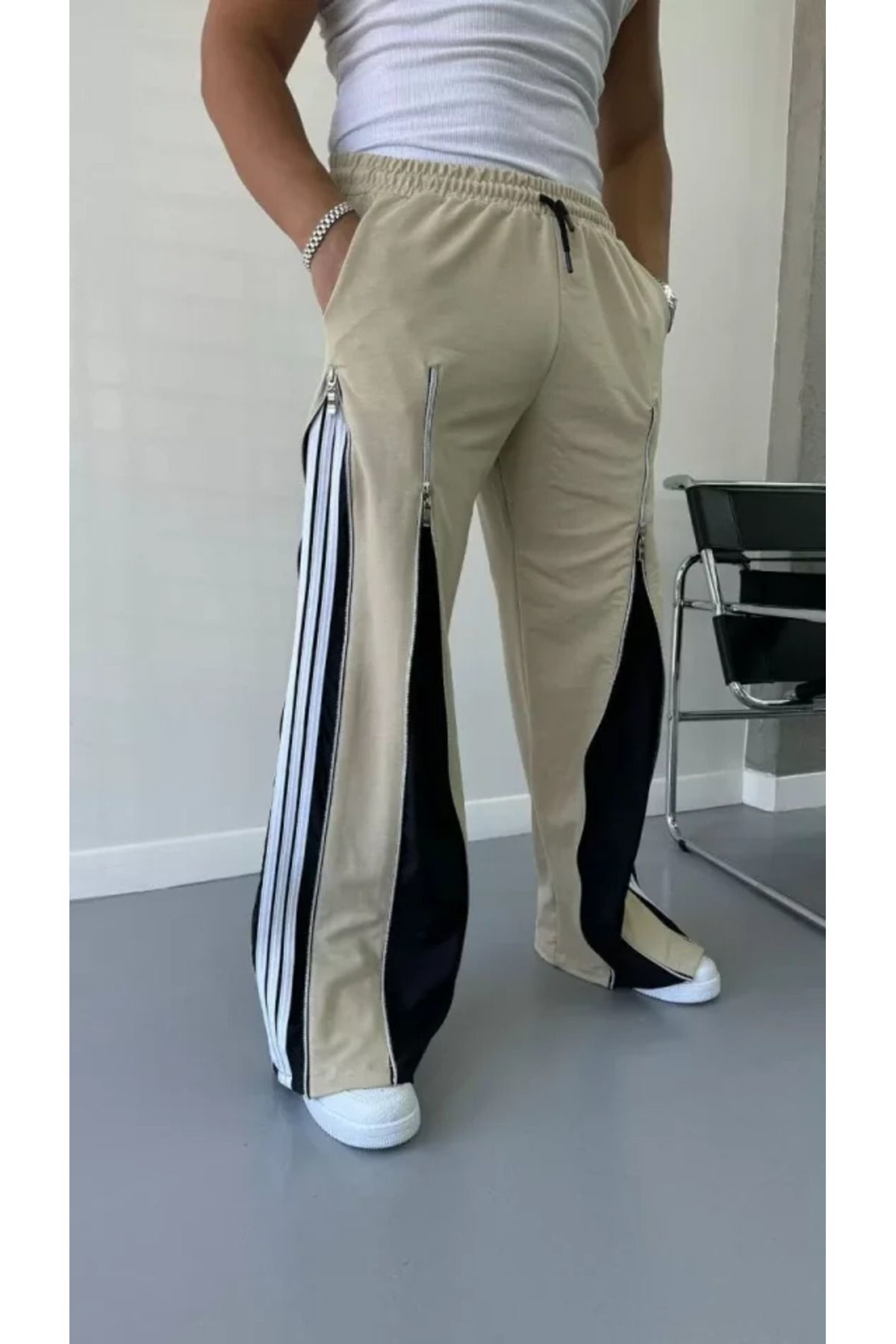 S'gizli Unisex Fermuarli Şeritli Buggy Pantolon - Bej