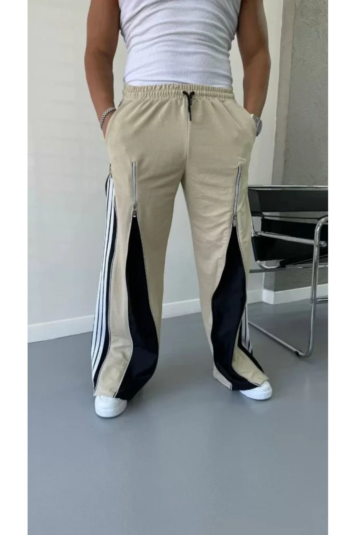 S'gizli Unisex Fermuarli Şeritli Buggy Pantolon - Bej
