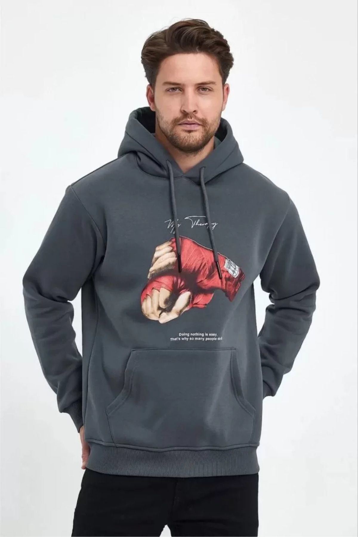Ebruli Unisex Kapüşonlu Üç İplik Oversize Baskili Sweatshirt - Gri