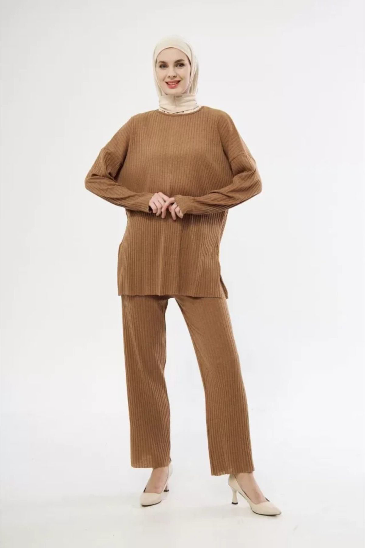 Cotton Box Uzun Kollu Organik Yikanmiş Kumaş Fitilli Pantalonlu Takim - Kahv