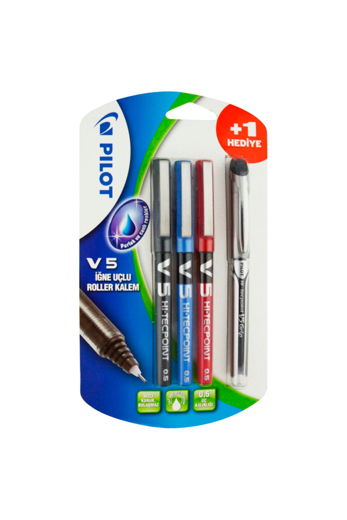 Pilot V5 Siyah-Mavi-Kirmizi 3'Lü Blister +1 Hediye