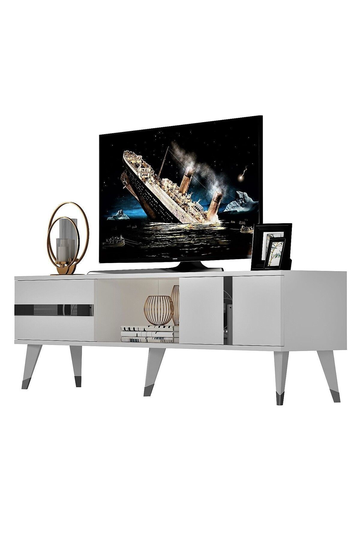 Cantek Dizayn Vannia Tv Sehpasi (Alt Modül) Beyaz-Gümüş