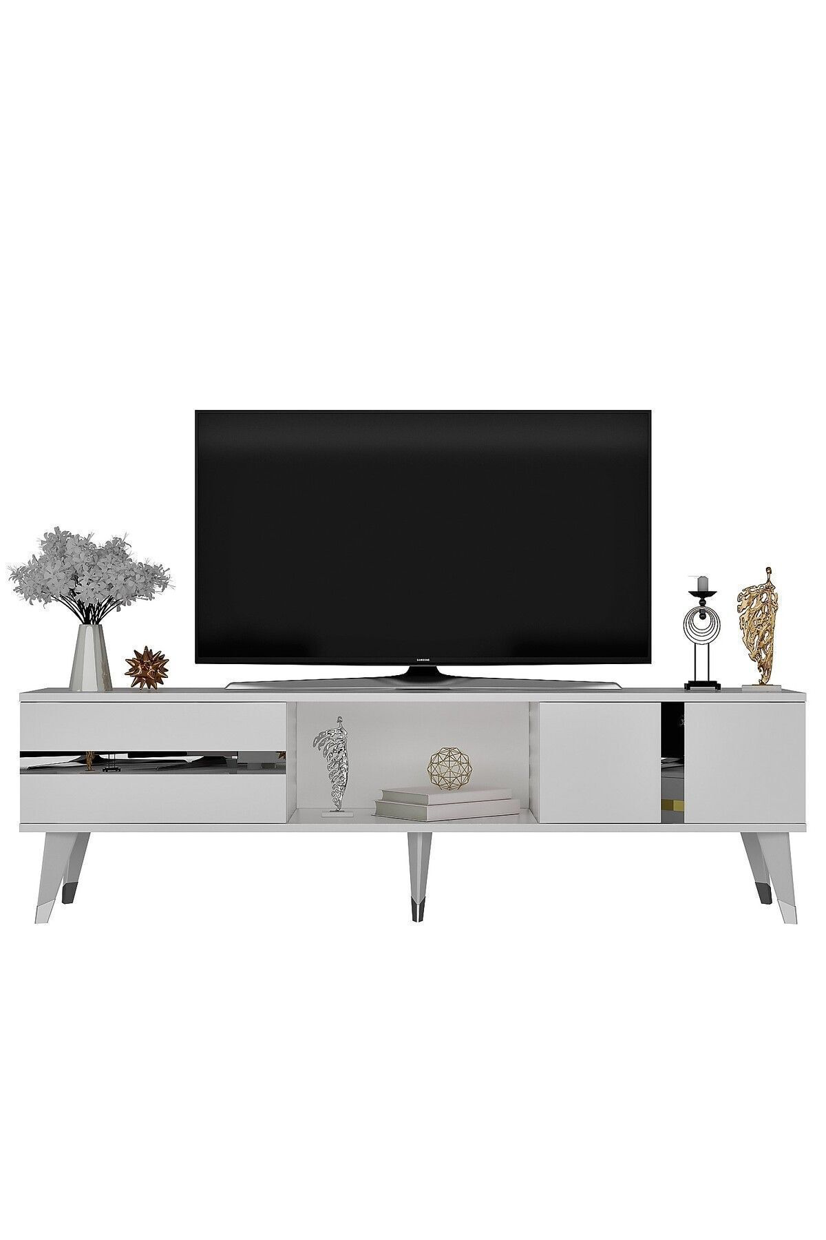 Cantek Dizayn Vannia Tv Sehpasi (Alt Modül) Beyaz-Gümüş