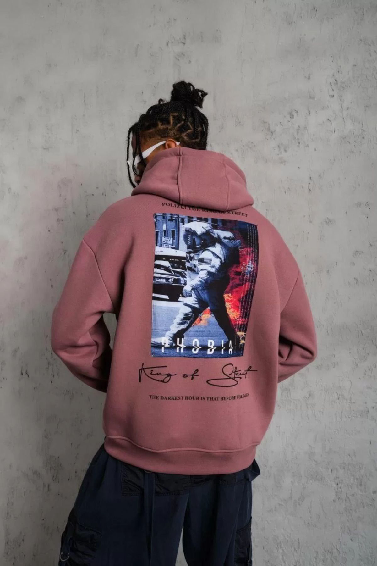 V&M Store Erkek Astronot Baskılı Kapüşonlu Sweat - Gül Kurusu