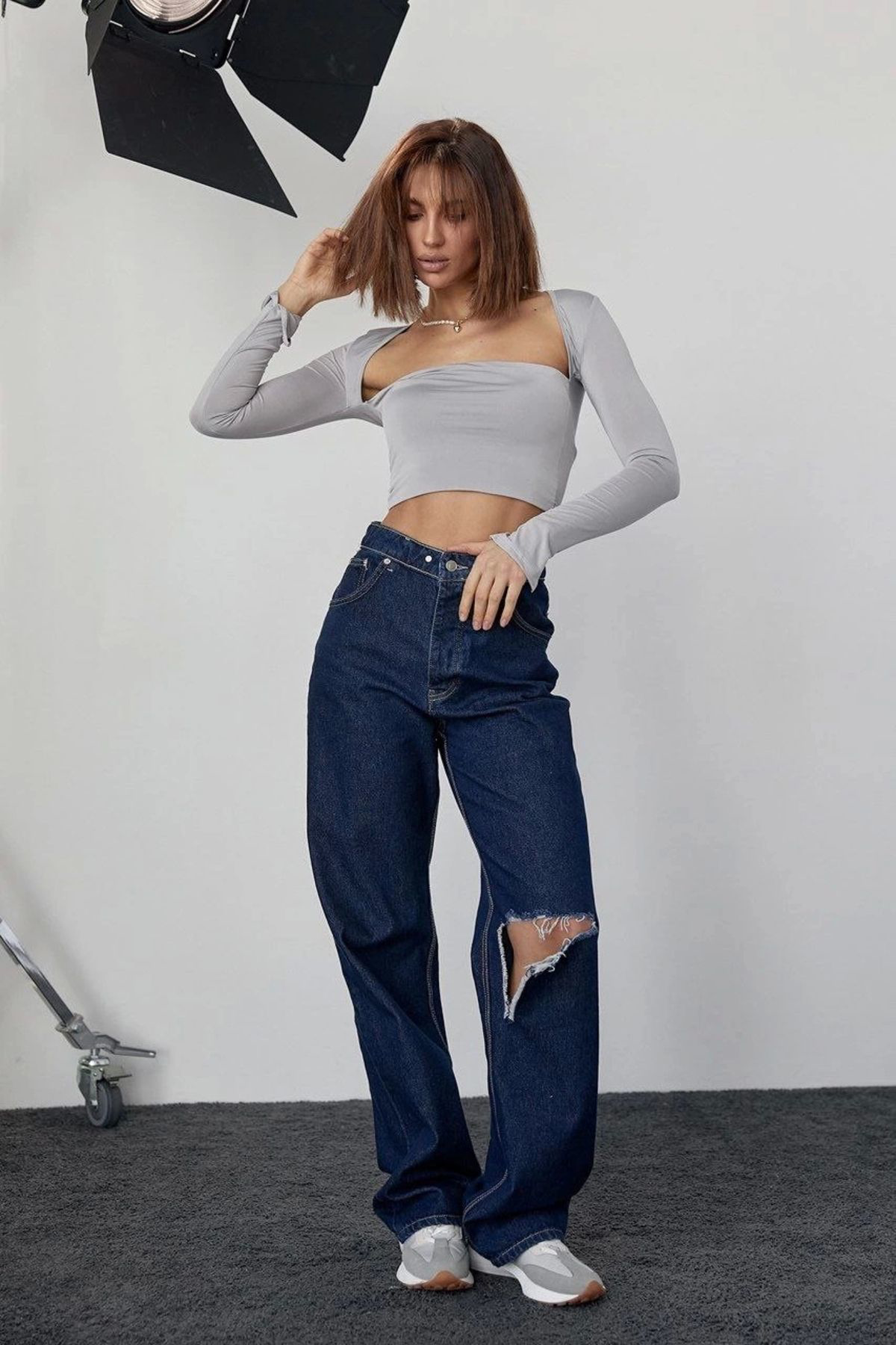 V&M Store Kara Yaka Uzun Kollu Crop - Taş