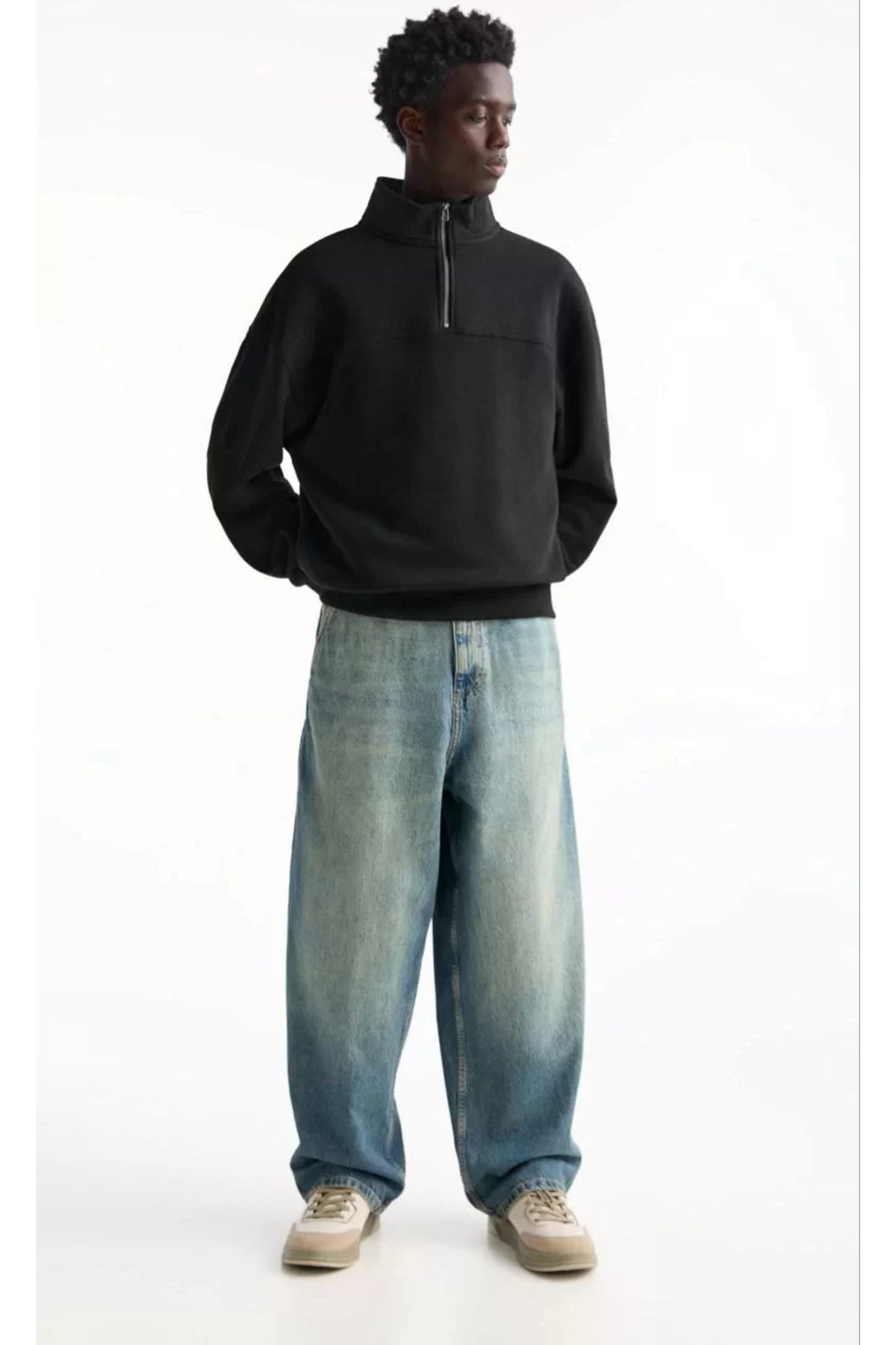 V&M Store Oversize Yarım Farmuarlı Yakalı Basic SweatShirt - Siya
