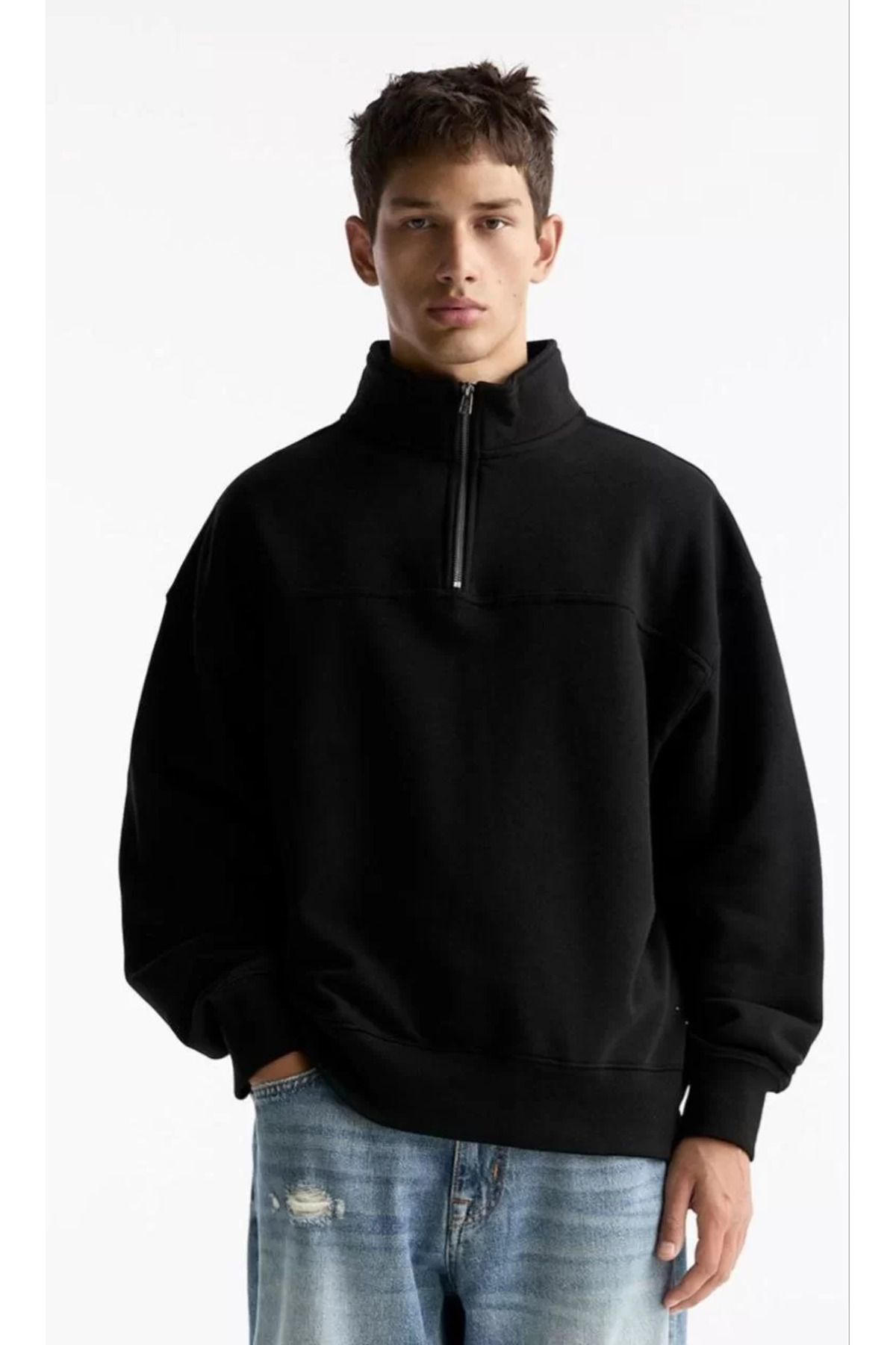 V&M Store Oversize Yarım Farmuarlı Yakalı Basic SweatShirt - Siya