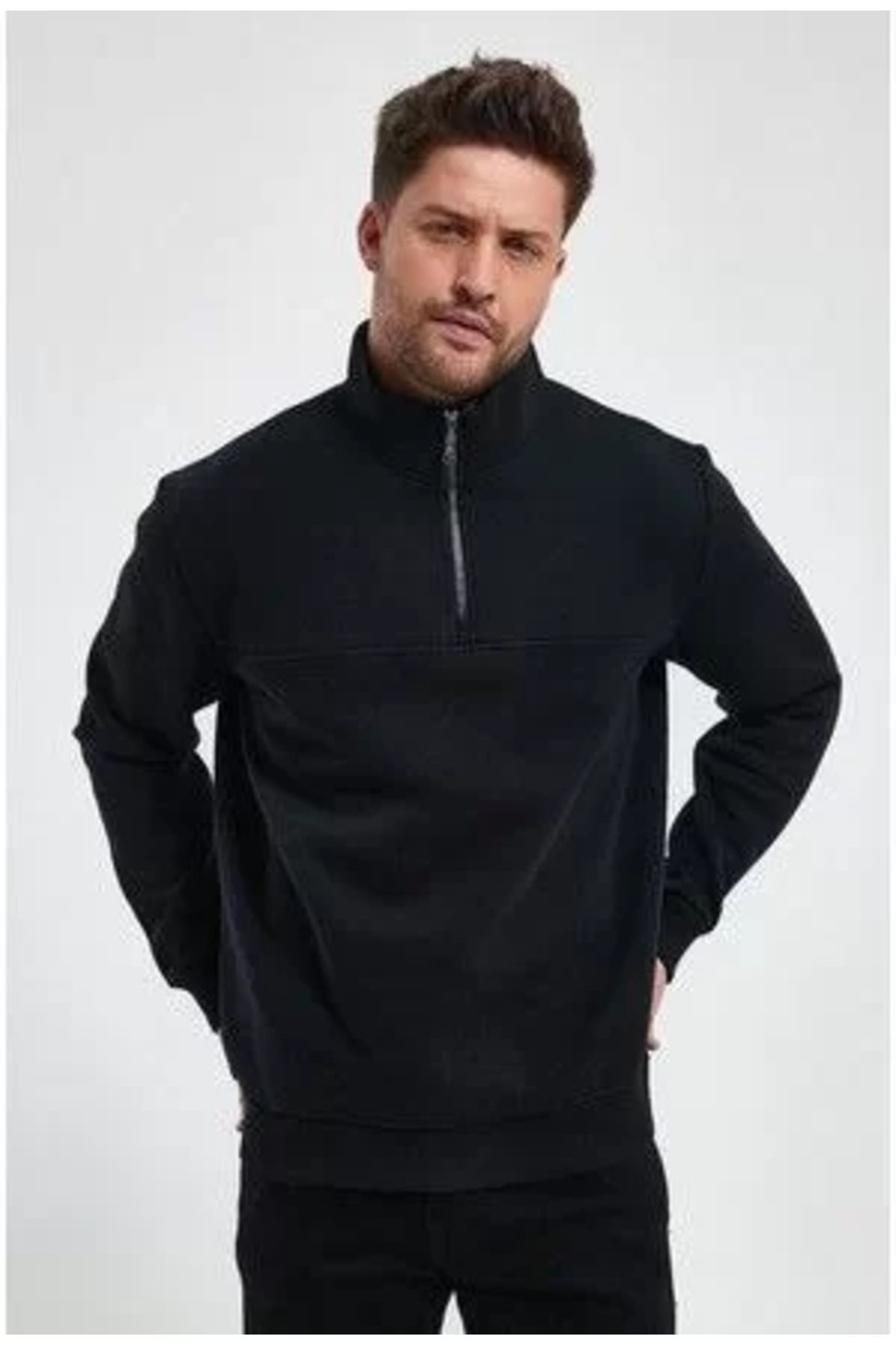 V&M Store Oversize Yarım Farmuarlı Yakalı Basic SweatShirt - Siya