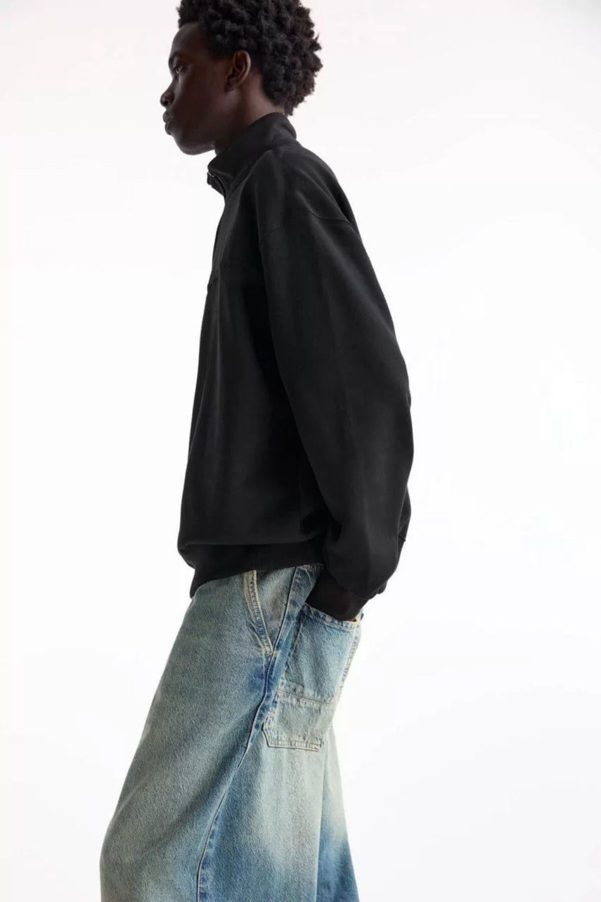 V&M Store Oversize Yarım Farmuarlı Yakalı Basic SweatShirt - Siya