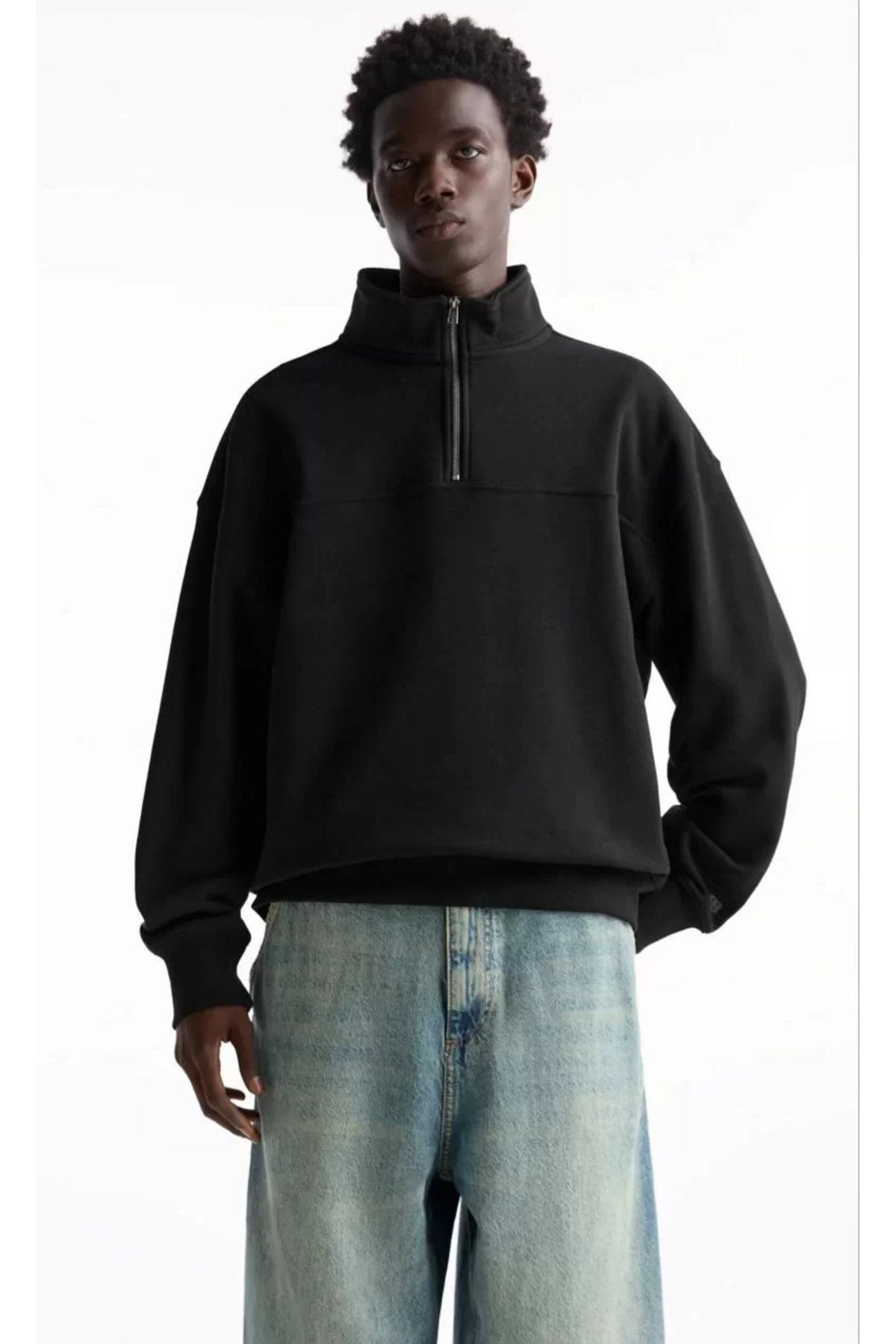 V&M Store Oversize Yarım Farmuarlı Yakalı Basic SweatShirt - Siya