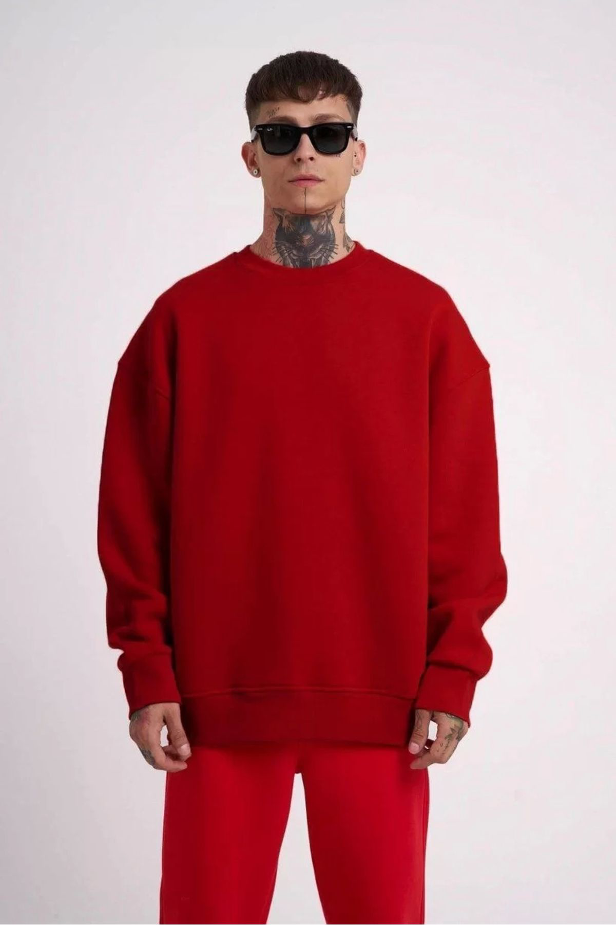 V&M Store Unisex Biskilet Yaka Üç İplik SweatShirt - Kırmızı