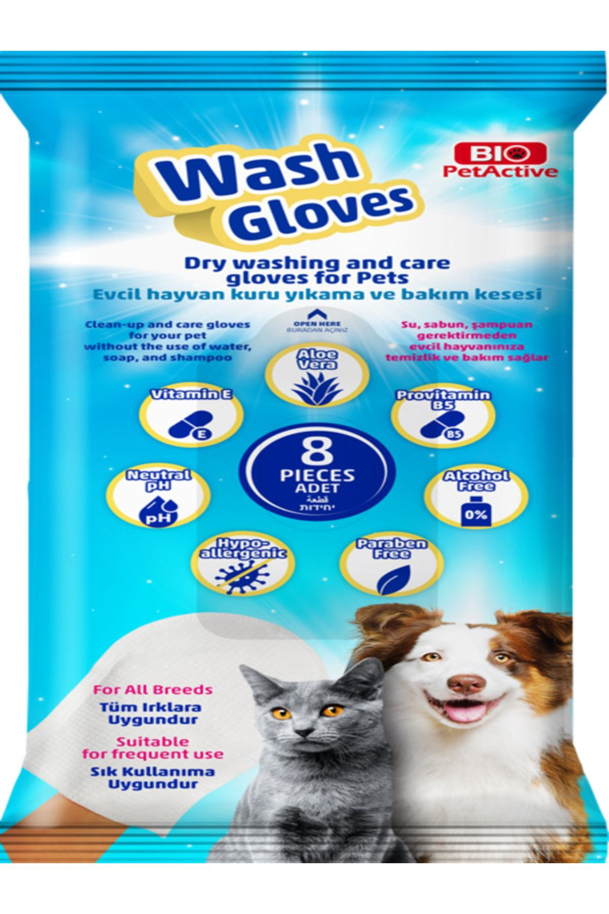 Biopetact Wash Gloves Evcil Hayvanlar İçin Kuru Yikama Ve Bakim Kesesi 8Li