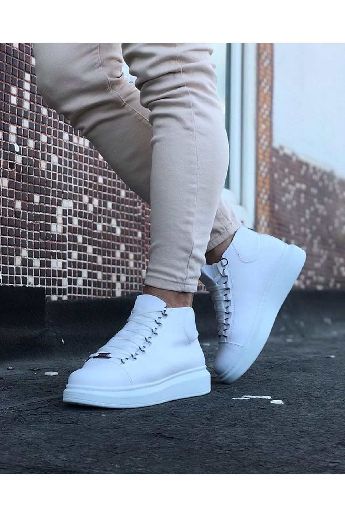 O K Giyim  Wg032 Beyaz Bağcikli Sneakers  Yarim Bilek Bot
