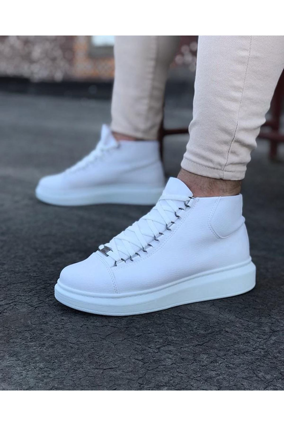 O K Giyim  Wg032 Beyaz Bağcikli Sneakers  Yarim Bilek Bot