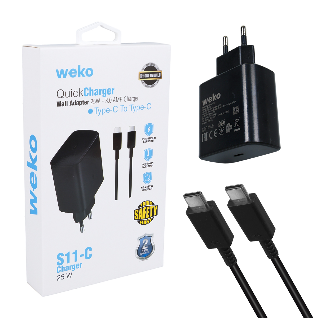 WK-26523 S11-C 25 WATT SİYAH ŞARJ BAŞLIK ADAPTÖRÜ + TYPE-C TO TYP