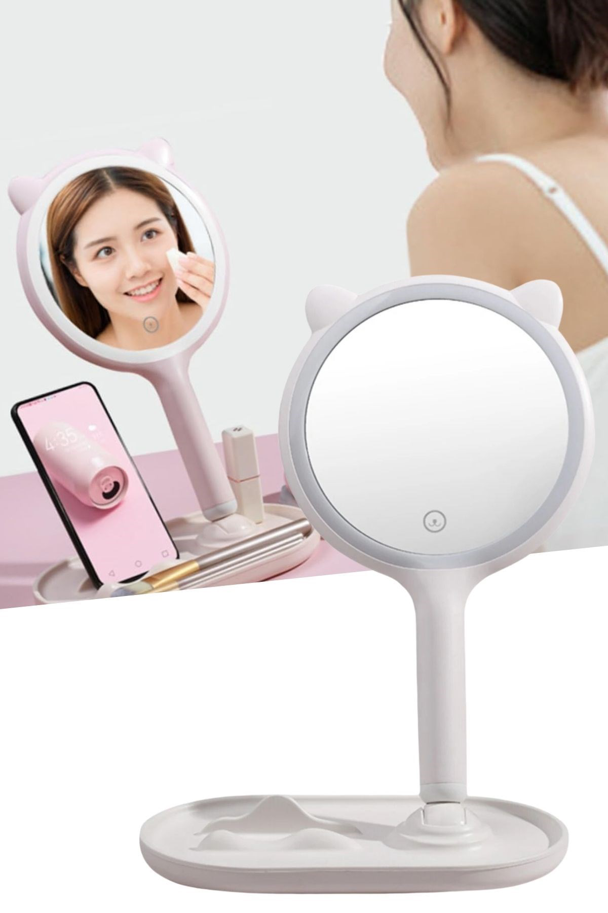 Woody Sofia  Kedi Kulakli Telefon Standli Yuvarlak Dokunmatik Led 