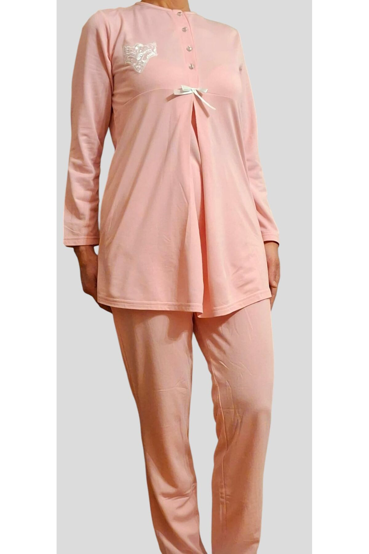 Zen Erdeniz Yarim Düğmeli Hamile Pijama Takimi Kişlik Pudra