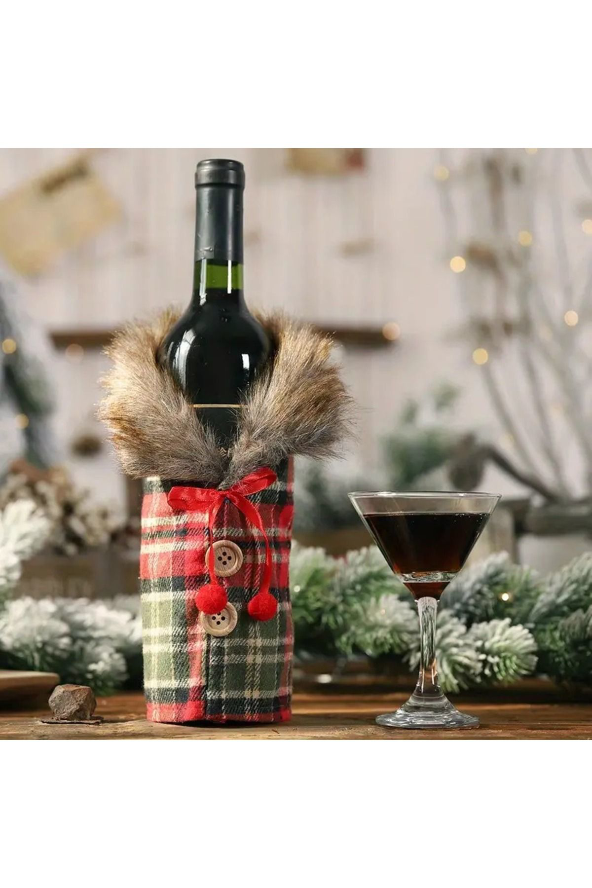 Dodemert Home Yilbaşi Noel Polyester Peluş Kürk Yaka Şampanya & Şarap Şişesi Ki