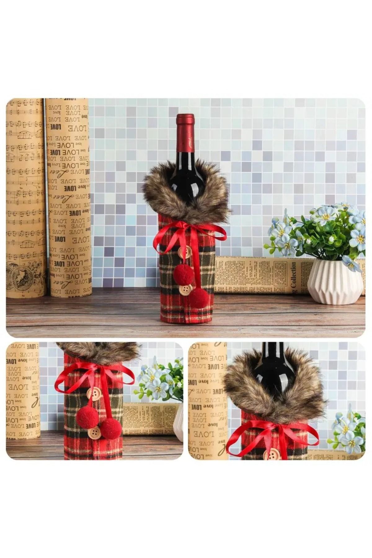 Dodemert Home Yilbaşi Noel Polyester Peluş Kürk Yaka Şampanya & Şarap Şişesi Ki
