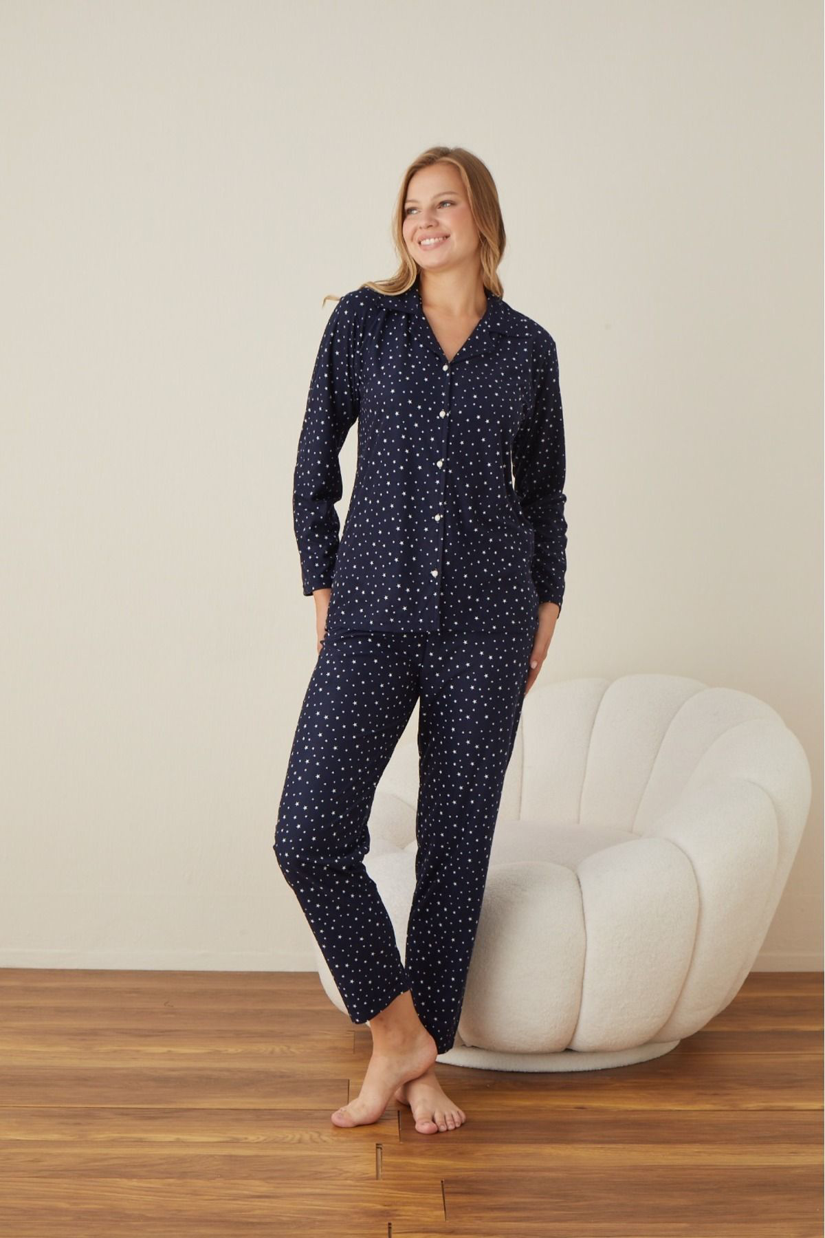 Boyraz Yildiz Desenli Düğmeli Pijama Takimi - Laci