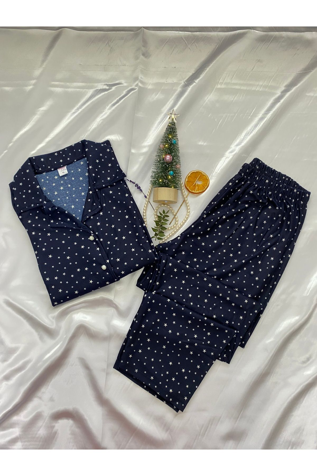Boyraz Yildiz Desenli Düğmeli Pijama Takimi - Laci
